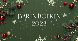 Een groene banner met kerstversiering waarop staat jaar in boeken 2023